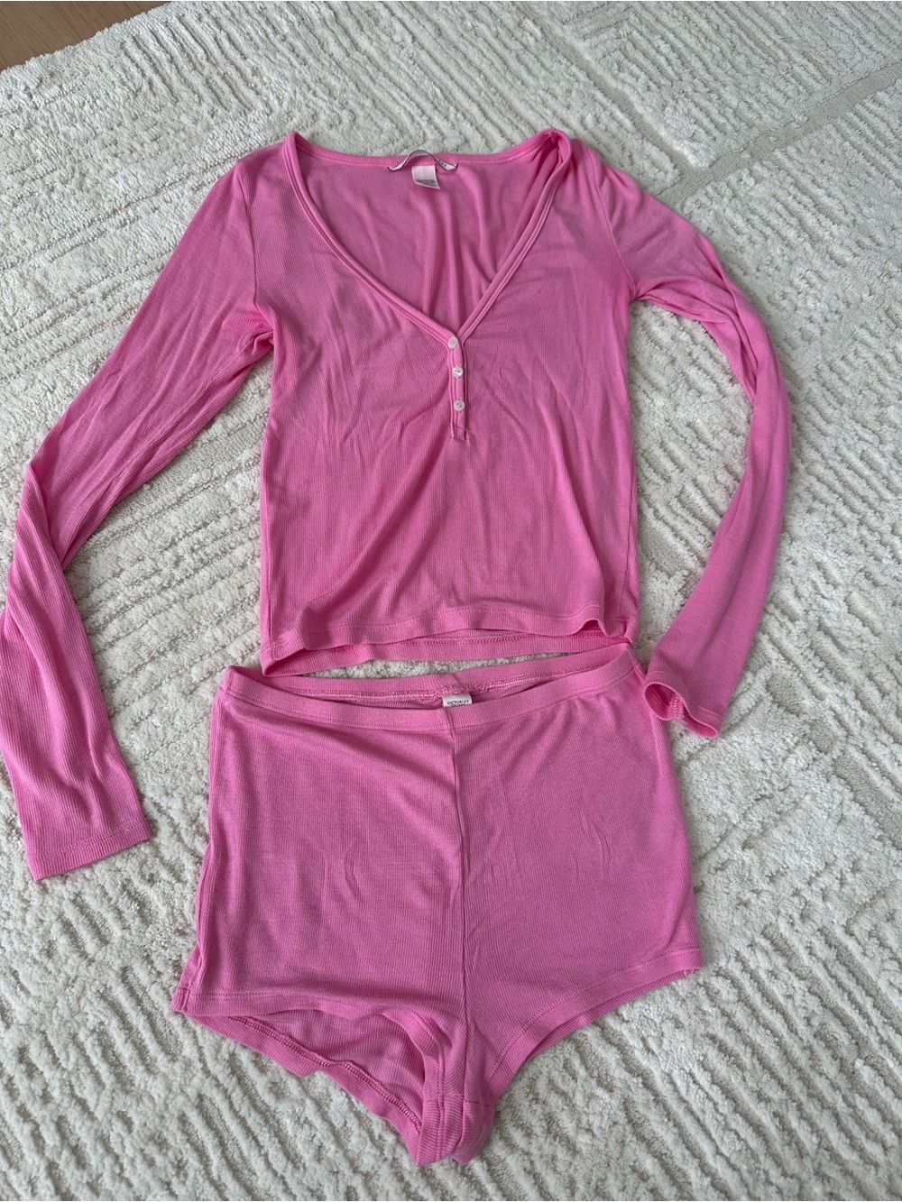 Victoria's Secret Pink Ribbed Henley Long-Sleeve Top & Shorts Pajama Set